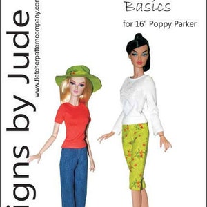 May include: A sewing pattern for making clothes for a 16-inch Poppy Parker doll. The pattern includes instructions for making a white top, a green skirt, a red shirt, and blue pants. The pattern is designed by Kamara Cavy.