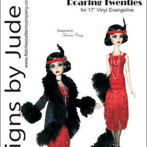 May include: A sewing pattern for a 17-inch doll, featuring a flapper dress with fringe and a fur-trimmed coat. The pattern is titled "Roaring Twenties" and is designed by Tamara Casey.
