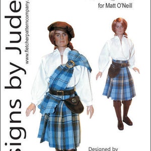 Può includere: Un cartamodello per un abito da bambola, con una camicia bianca, una gonna scozzese a quadri blu e marroni e una borsa di pelle marrone. Il cartamodello è intitolato "Scottish Jamie for Matt O'Neill" ed è stato disegnato da Tamara Casey. Il prezzo è di $ 12,95 US.