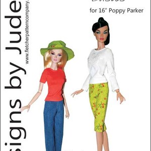 May include: A sewing pattern for making clothes for a 16-inch Poppy Parker doll. The pattern includes instructions for making a white long-sleeved shirt, a red short-sleeved shirt, blue pants, and a green floral skirt. The pattern is titled "Basics" and is designed by Samara Casry.
