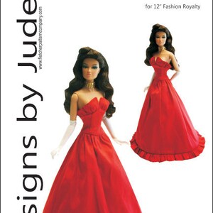 May include: A red ball gown with a sweetheart neckline and a ruffled hem. The dress is designed for a 12-inch fashion doll. The pattern is called "Dance with Me" and is by Designs by Jude.