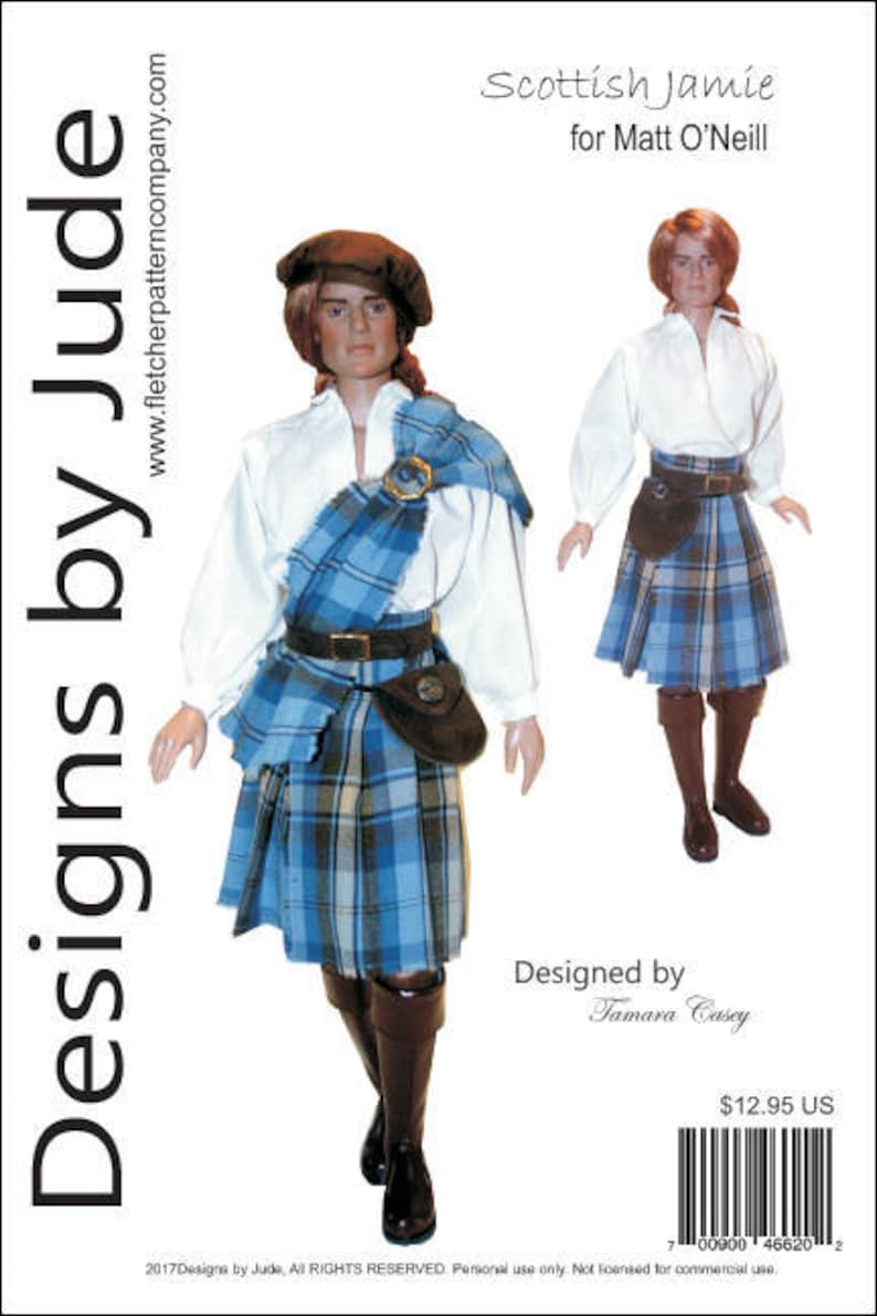 May include: A doll wearing a white shirt, a blue and brown kilt, a blue plaid sash, a brown leather sporran, and brown boots. The doll is wearing a brown tam o' shanter. The doll is standing on a white background. The text "Scottish Jamie for Matt O'Neill" is printed above the doll. The text "Designed by Tamara Casey" is printed below the doll. The text "$12.95 US" is printed in the bottom right corner of the image. A barcode is printed below the price.