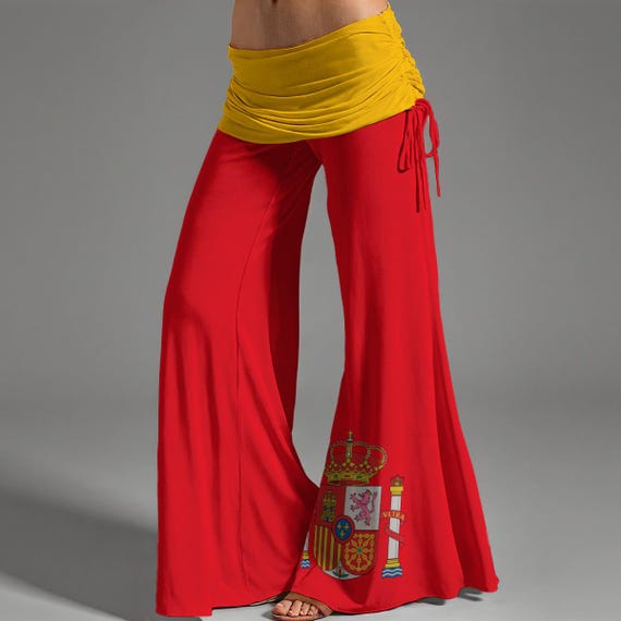 Spain Soccer Inspired High Waste Wide Leg Flared Hippie Red and Yellow Women's Pants
