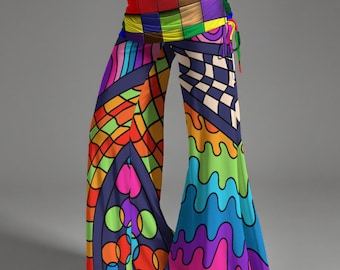 Pantalones hippies de mujer, de talle alto, pierna ancha y estilo rave, ideales para festivales de música hippie y jam bands.