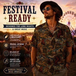 May include: A short-sleeved button-down shirt with a detailed print featuring figures and landscapes. The shirt is part of a festival-themed collection, with text that reads "Festival Ready" and "Designed for Long Nights & Great Music."