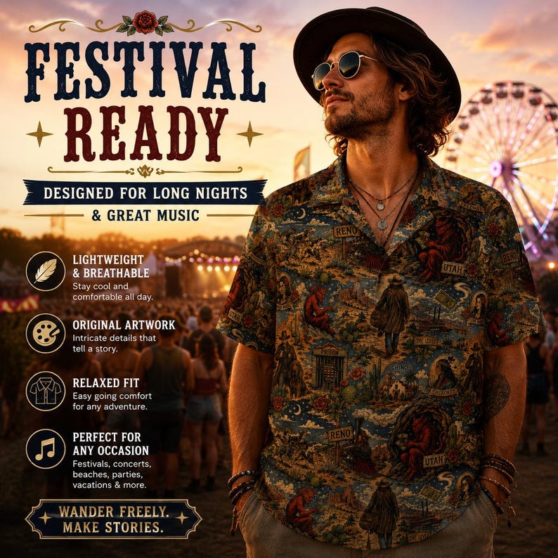 May include: A short-sleeved button-down shirt with a detailed print featuring figures and landscapes. The shirt is part of a festival-themed collection, with text that reads "Festival Ready" and "Designed for Long Nights & Great Music."