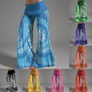 May include: A collection of flared-leg pants in various colors, each featuring a tie-dye spiral pattern. The pants have a wide waistband and a flowing silhouette. Colors include blue, green, purple, orange, black and white, yellow, pink, and red.