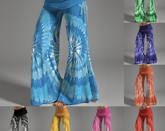 Tie Dye Hippy Fun High Waste Wide Leg Flared Hippie Women's Pants Rave Dance Festival Pants