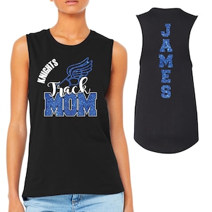 Track Mom Custom Personalized Glitter Team Design Women&#39;s Jersey Muscle Tank Tops by Bella + Canvas Cheerleader Mama - 6003