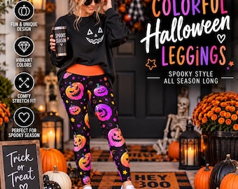 Leginsy na Halloween dla kobiet, kolorowe leginsy z dyniami, spodnie Jack O'Lantern, strój na upiorny sezon, neonowe leginsy na Halloween