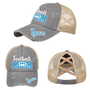 Custom Personalized Football Mom Glitter Design Distressed Pony Tail Trucker Hat Cap with Player Name and Number