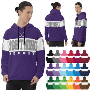 May include: Purple hockey hoodie with white and gray accents. The front features the text "LIGHTNING HOCKEY" and the number "16". The back of the hoodie displays the name "JOHNSON" and the number "16". Multiple color options are shown.