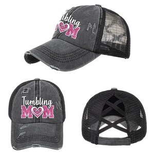 Custom Personalized Tumbling Mom Glitter Design Distressed Pony Tail Trucker Hat Cap with Player Name