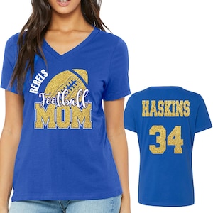 Football Mom Team Custom Personalized Glitter Design Women&#39;s V-Neck Soft Jersey Bella Canvas Tee Shirt Great Gift - 6405