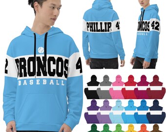 Puede incluir: Sudadera con capucha de béisbol azul claro con detalles en blanco y negro. La parte delantera muestra el texto "BRONCOS BASEBALL 42". La parte trasera de la sudadera tiene el nombre "PHILLIP 42". Se muestran varias opciones de color.