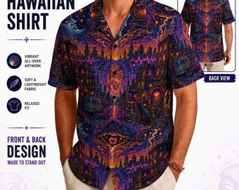Psychedelic Midnight City Hawaiian Shirt | Festival Button Up Shirt | Neon Heart Street Art Shirt | Vibrant Retro Vacation Shirt