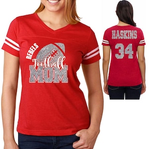 Football Mom Custom Personalized Glitter Team Design Women&#39;s V-Neck Fine Jersey Tee by LAT Amazing Quality - 3537