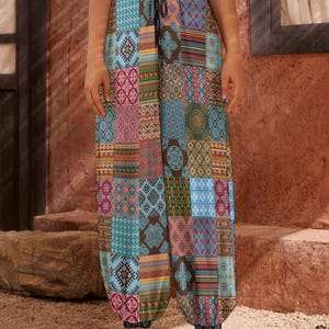 Pantalones holgados estilo boho con estampado de retazos de la India oriental, pantalones holgados estilo cottagecore, pantalones de pierna ancha de talle alto, pantalones harem de felpa francesa