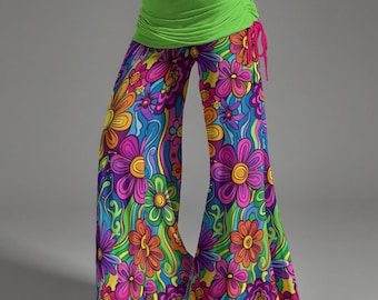 Flower Power Hippy Fun High Waste Wide Leg Flared Hippie Women's Festival Dance Pants