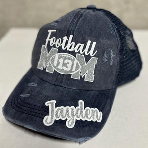 Custom Personalized Football Mom Glitter Design Distressed Pony Tail Trucker Hat Cap with Player Name and Number