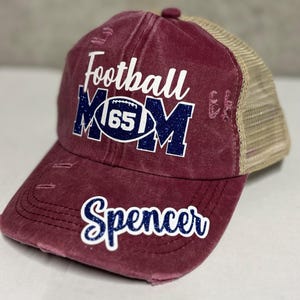Custom Personalized Football Mom Glitter Design Distressed Pony Tail Trucker Hat Cap with Player Name and Number
