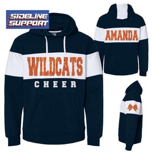 Fully Custom Personalized Cheerleader Glitter Design Colorblock Varsity Fleece J America Hooded Hoodie Sweatshirt Cheer Mom - 8644.Blk/ong