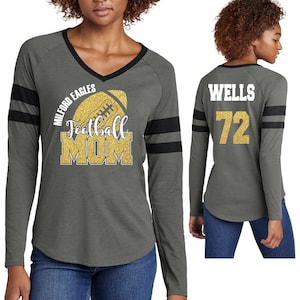 Custom Football Mom Team Glitter Design Women&#39;s Halftime Stripe Long Sleeve V-Neck T Shirt by Sport-Tek Boujee Football Shirt - LST6043
