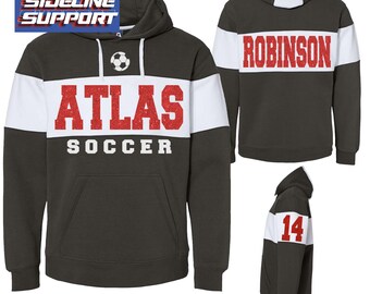 Sudadera con capucha de fútbol personalizada, diseño de purpurina, color block, estilo universitario, polar, J. America - 8644