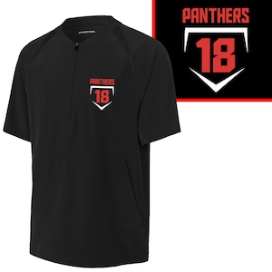 May include: Black baseball coach's jacket with a white zipper and a red and white logo that says "Panthers 18" on the left chest.