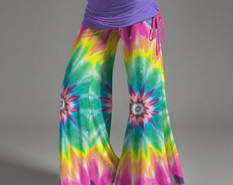 Tie Dye Hippy Fun High Waste Wide Leg Flared Hippie Women's Dance Festival Pants - 1