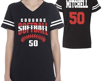 Softball Team Custom Personalized Glitter Design Women's V-Neck Fine Jersey Tee by LAT Amazing Quality - 3537