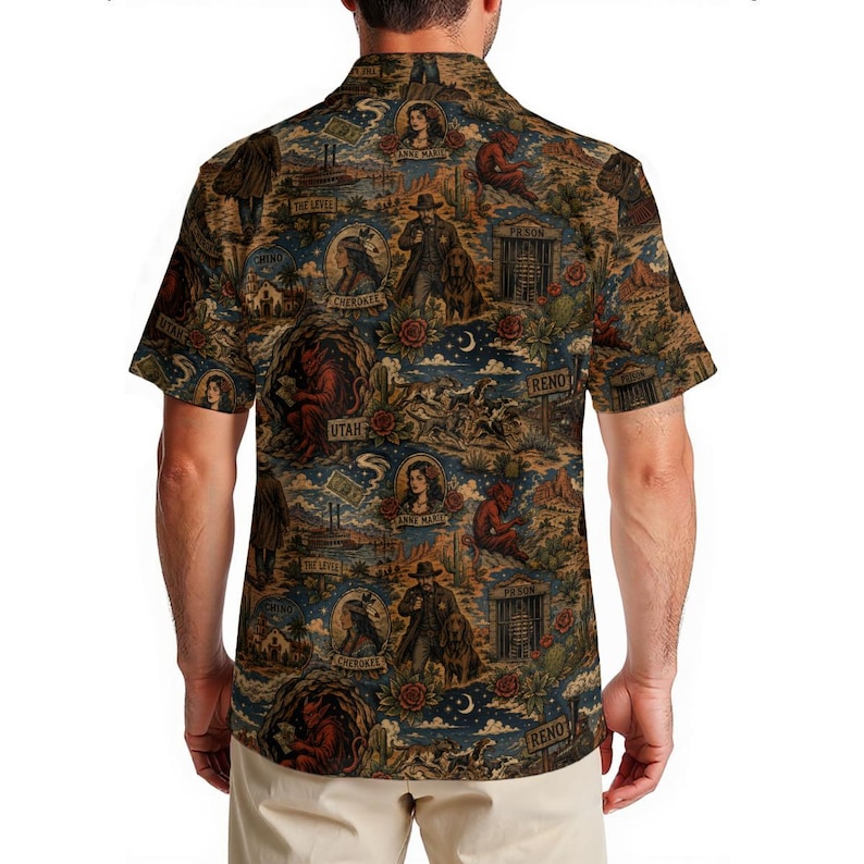 May include: Short-sleeved button-down shirt with a vintage western-themed print. The design features illustrations of cowboys, desert landscapes, and vintage portraits in shades of brown, blue, and tan.