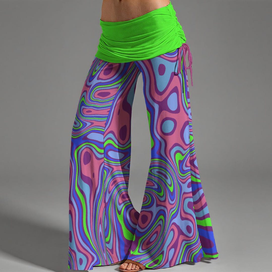 Flare Pants Pattern Rave Trippy Acid Rave Dance Festival High Waste Wide Leg Flared Women's ...