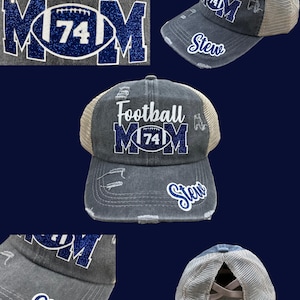 Custom Personalized Football Mom Glitter Design Distressed Pony Tail Trucker Hat Cap with Player Name and Number