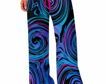 Bold Swirl Print Wide Leg Pants | Women’s Casual Lounge Pants | Vibrant Blue Purple Streetwear | Festival Outfit | Lightweight Summer Pants