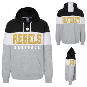 New Fully Custom Personalized Baseball Glitter Design Colorblock Varsity Fleece J America Hooded Hoodie Sweatshirt - 8644.Blk/gld