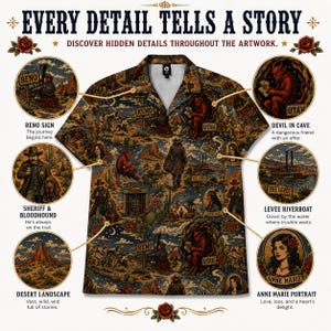 May include: A button-down shirt with a detailed Western-themed print. The design features illustrations of a train, sheriff, desert landscape, devil, riverboat, and portraits, with text that reads "Every Detail Tells a Story."