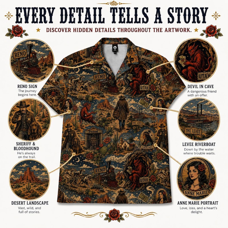 May include: A button-down shirt with a detailed Western-themed print. The design features illustrations of a train, sheriff, desert landscape, devil, riverboat, and portraits, with text that reads "Every Detail Tells a Story."