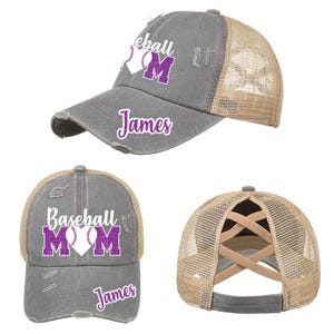 Custom Personalized Baseball Mom Glitter Design Distressed Pony Tail Trucker Hat Cap with Player Name and Number