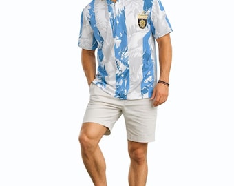 Argentina Soccer Inspired Hawaiian Button-Up Men's Shirt | Up to Size 8XL