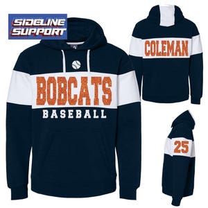 New Fully Custom Personalized Baseball Glitter Design Colorblock Varsity Fleece J America Hooded Hoodie Sweatshirt - 8644.Blk/Purp