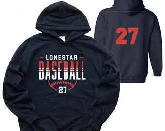 Puede incluir: Sudadera con capucha azul marino con el texto "Lonestar Baseball" y el número "27" en la parte delantera. La parte posterior de la sudadera tiene el número "27" en rojo.