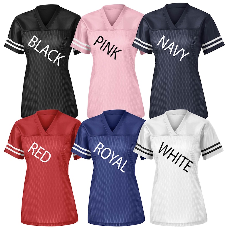 May include: Six mesh V-neck jerseys in black, pink, navy, red, royal blue, and white. Each jersey has white stripes on the sleeves and the color name printed across the front in white.