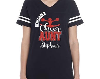 Cheer Team Aunt Custom Personalized Glitter Design Women's V-Neck Fine Jersey Tee by LAT Amazing Quality - 3537
