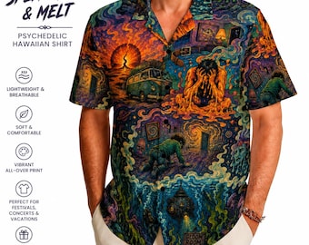Camisa hawaiana psicodélica / Camisa abotonada inspirada en bandas de jam abstractas / Camisa para festivales / Ábrela y derrítela / Obra de arte original de un fan de Phish