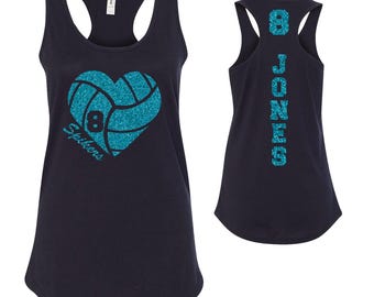 Beachvolleyball-Team Herz-kundenspezifische personalisierte KEINE FLAKE Glitter-Entwurf taillierte Frauen Racerback-Tanktops von Next Level - 1533