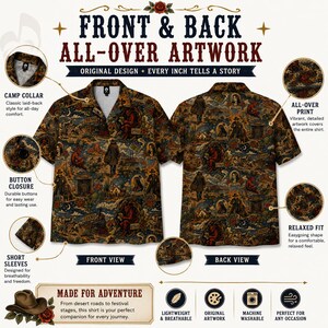 May include: A short-sleeved shirt with an all-over print featuring a detailed artwork design. The shirt has a camp collar, button closure, and a relaxed fit. The front and back views are displayed, showcasing the design and the shirt's features. The text reads "FRONT & BACK ALL-OVER ARTWORK".
