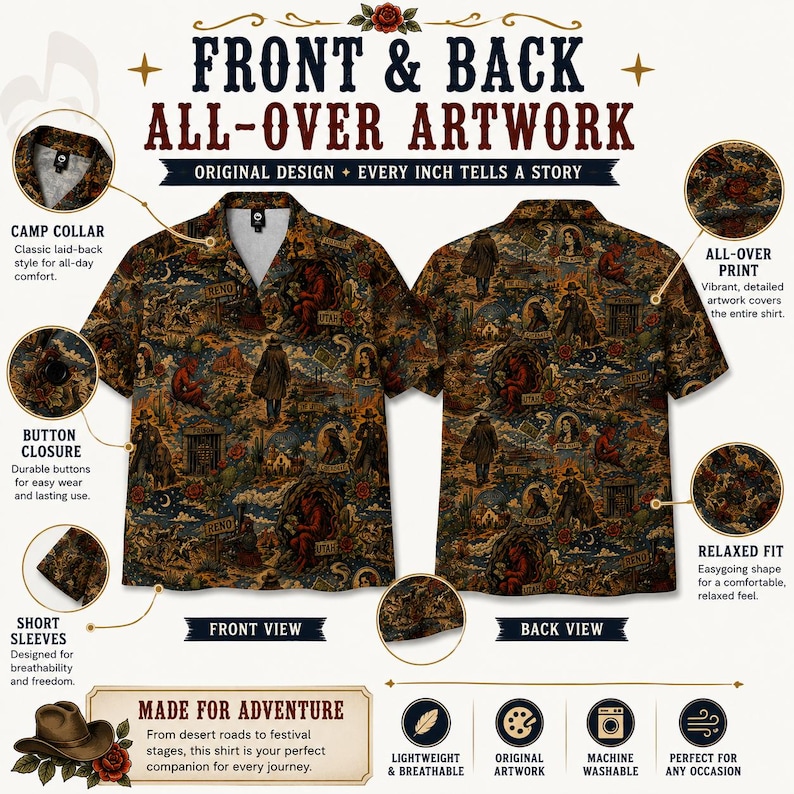 May include: A short-sleeved shirt with an all-over print featuring a detailed artwork design. The shirt has a camp collar, button closure, and a relaxed fit. The front and back views are displayed, showcasing the design and the shirt's features. The text reads "FRONT & BACK ALL-OVER ARTWORK".