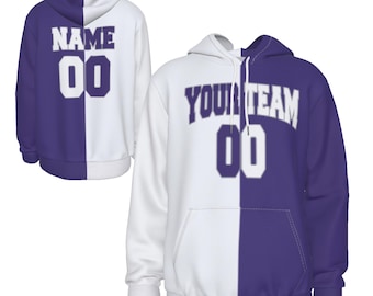 Kundenspezifisches Lila und Weiß Oder entwerfen Sie Ihr eigenes Maskottchen Varsity Colorblock Hoodie-Sweatshirt Perfektes Geschenk Jede Farboption jedes Team-Logo