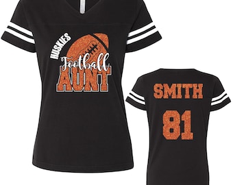Football Aunt Custom Personalized Glitter Team Design Women's V-Neck Fine Jersey Tee by LAT Amazing Quality - 3537